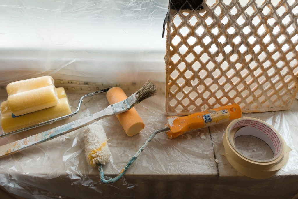 Paint rollers, brushes and masking tape ready for preparation